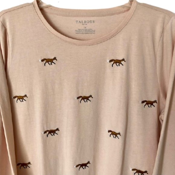 Talbots Embroidered Foxes Crew Neck Long Sleeved 100% Cotton Tee - LP - Picture 3 of 10